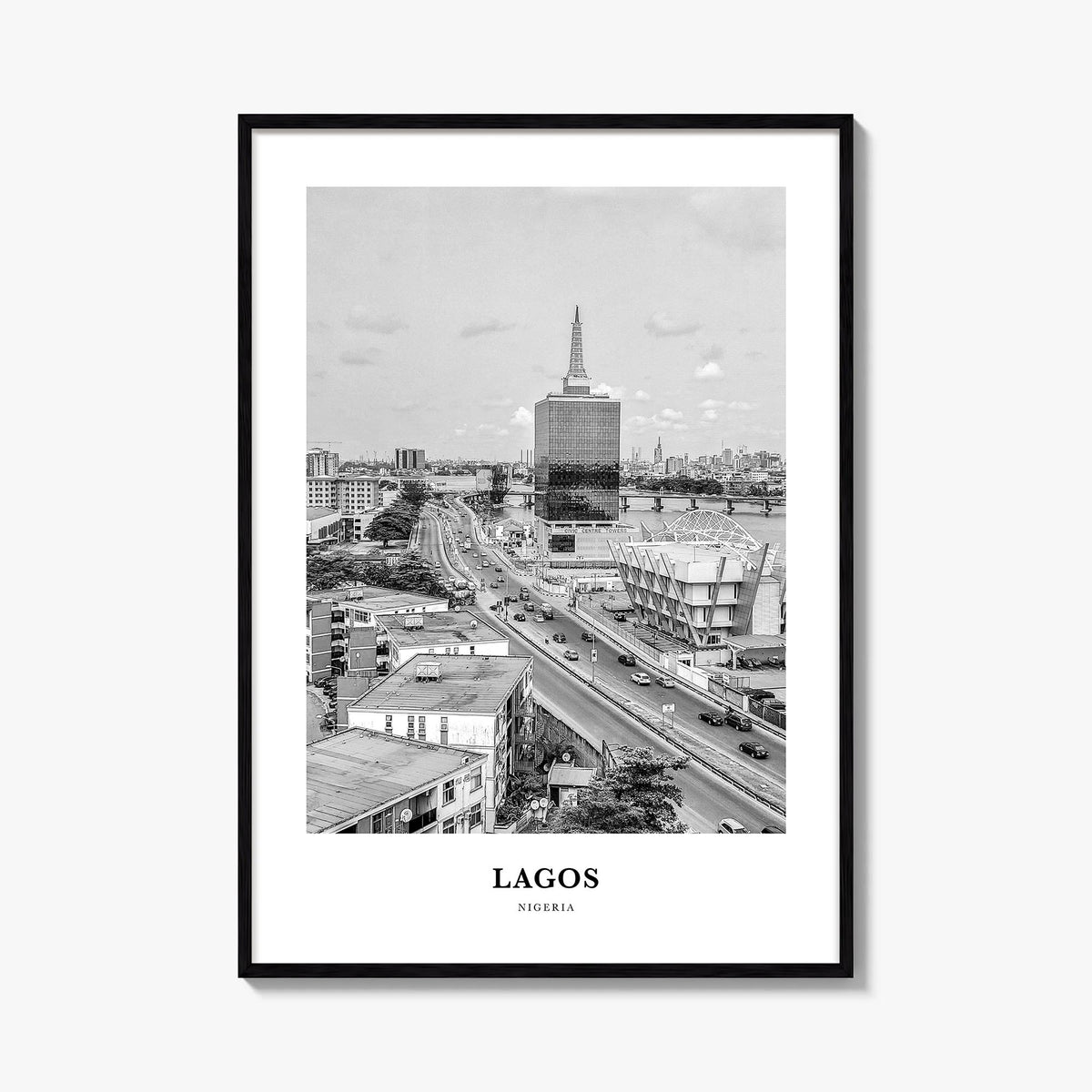 Lagos, Nigeria no. 2 black & white classic poster of Nigeria – vertical wall art, unframed print shown in interior mockup