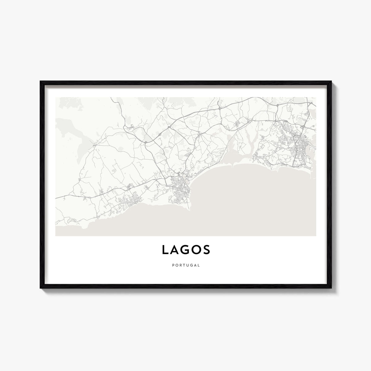Lagos, Portugal black & white map poster of Portugal – horizontal wall art, unframed print shown in interior mockup