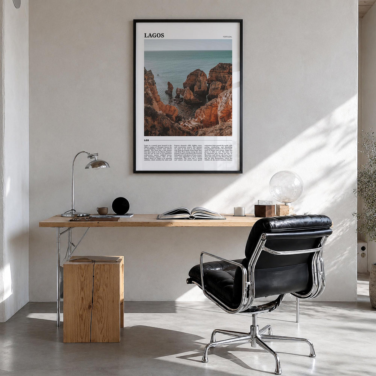 Lagos, Portugal colorful travel poster of Portugal – vertical wall art in black wood frame, hanging on wall