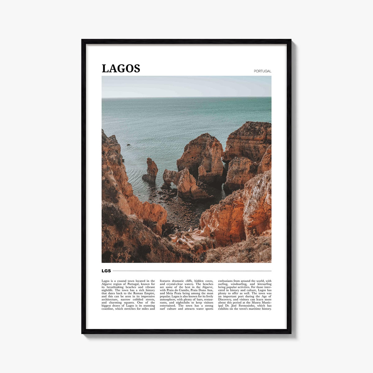 Lagos, Portugal colorful travel poster of Portugal – vertical wall art, unframed print shown in interior mockup