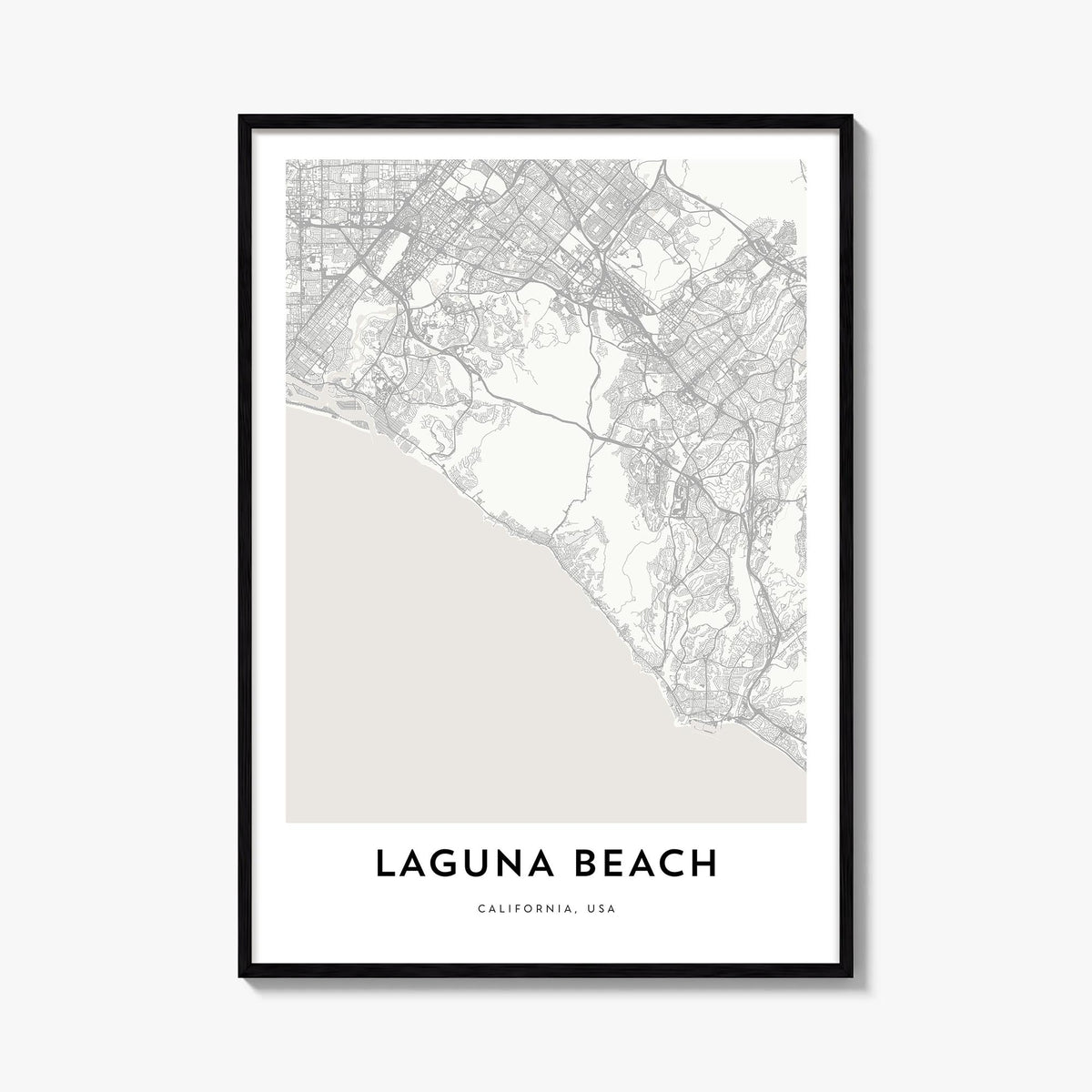 Laguna Beach black & white map poster of California, USA – vertical wall art, unframed print shown in interior mockup