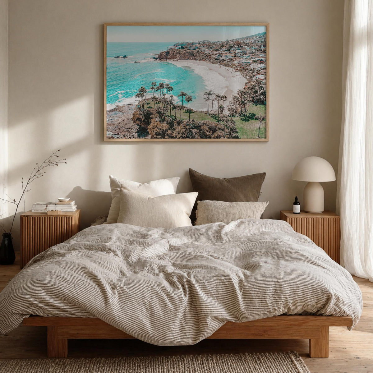 Laguna Beach colorful photo poster of California, USA – horizontal wall art in natural wood frame, hanging on wall