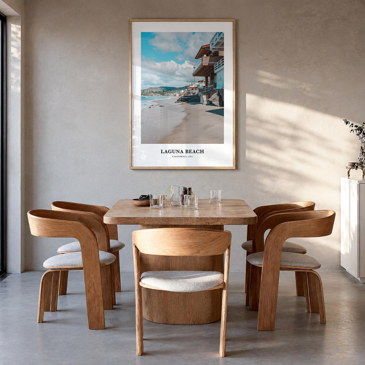 Laguna Beach no. 1 colorful classic poster of California, USA – vertical wall art in natural wood frame, hanging on wall
