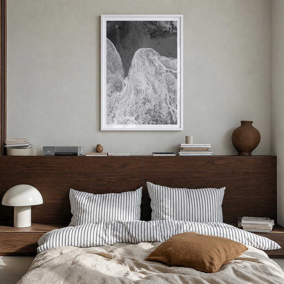 Laguna Beach no. 2 black & white photo poster of California, USA – vertical wall art in white wood frame with white border, h