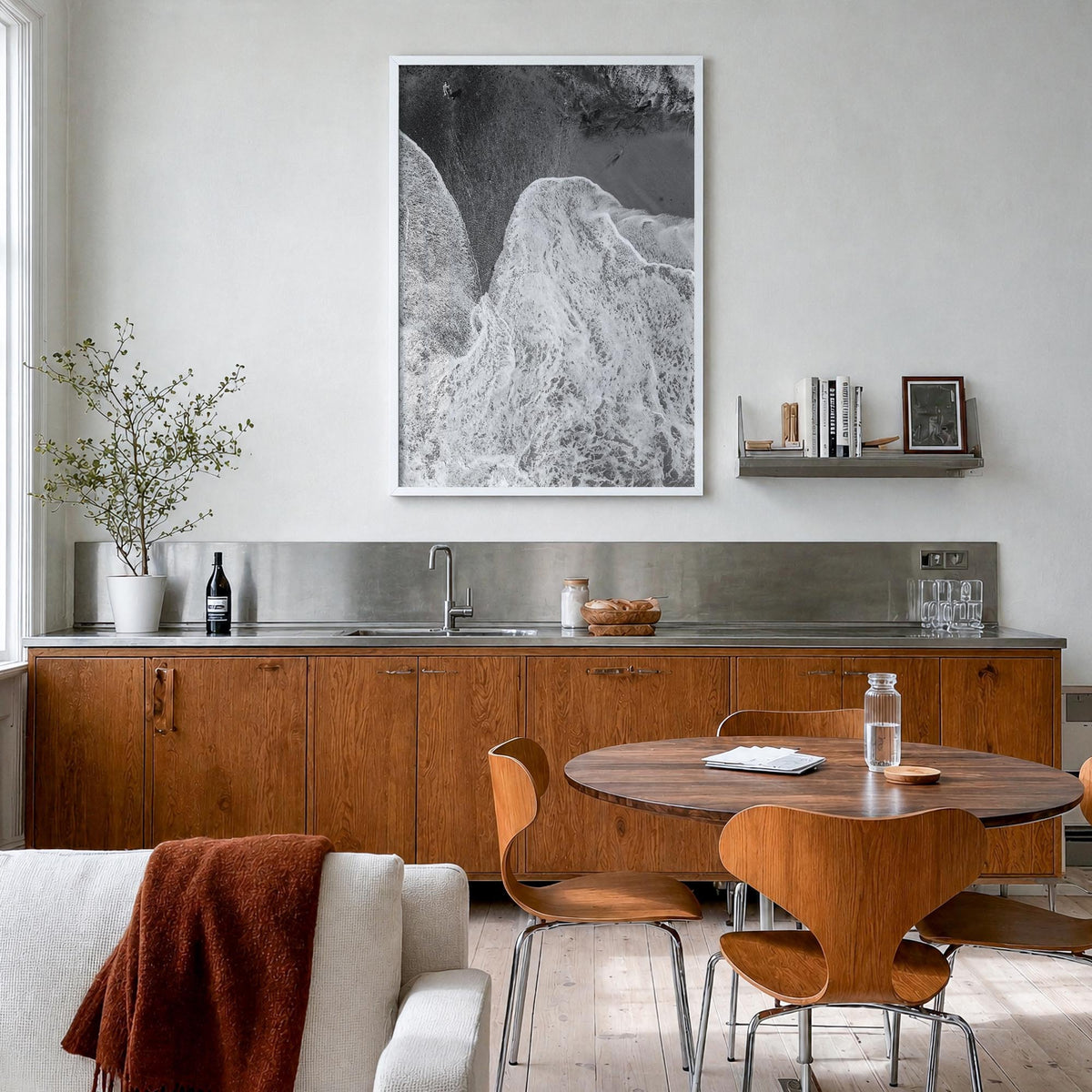 Laguna Beach no. 2 black & white photo poster of California, USA – vertical wall art in white wood frame, hanging on wall