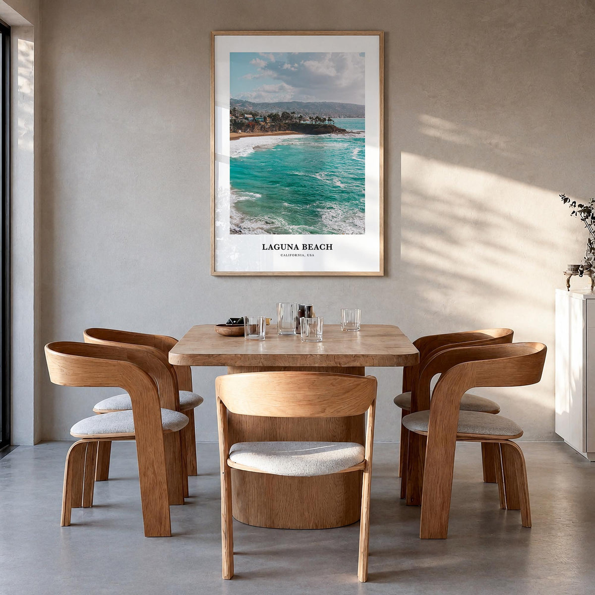 Laguna Beach no. 2 colorful classic poster of California, USA – vertical wall art in natural wood frame, hanging on wall