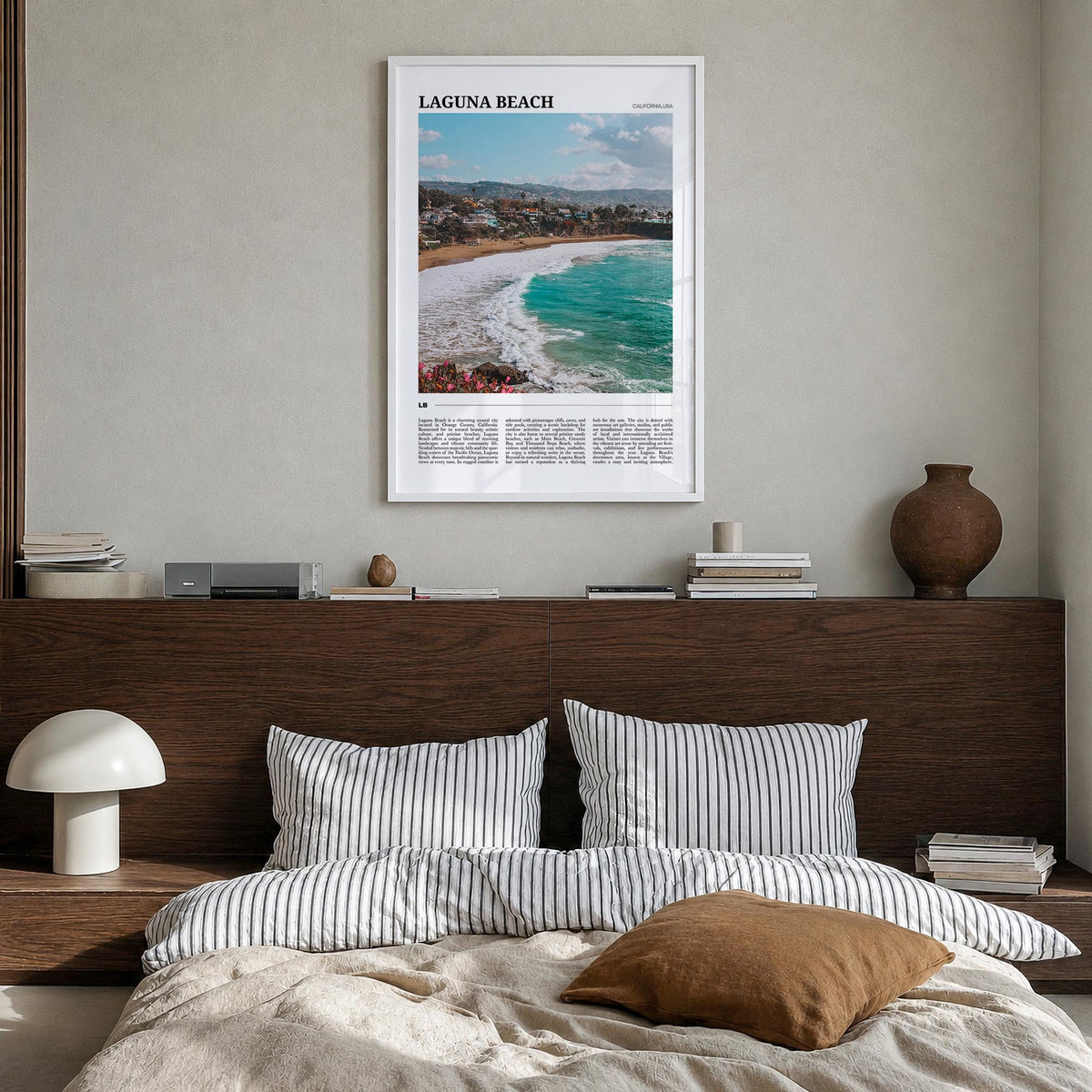 Laguna Beach no. 2 colorful travel poster of California, USA – vertical wall art in white wood frame, hanging on wall