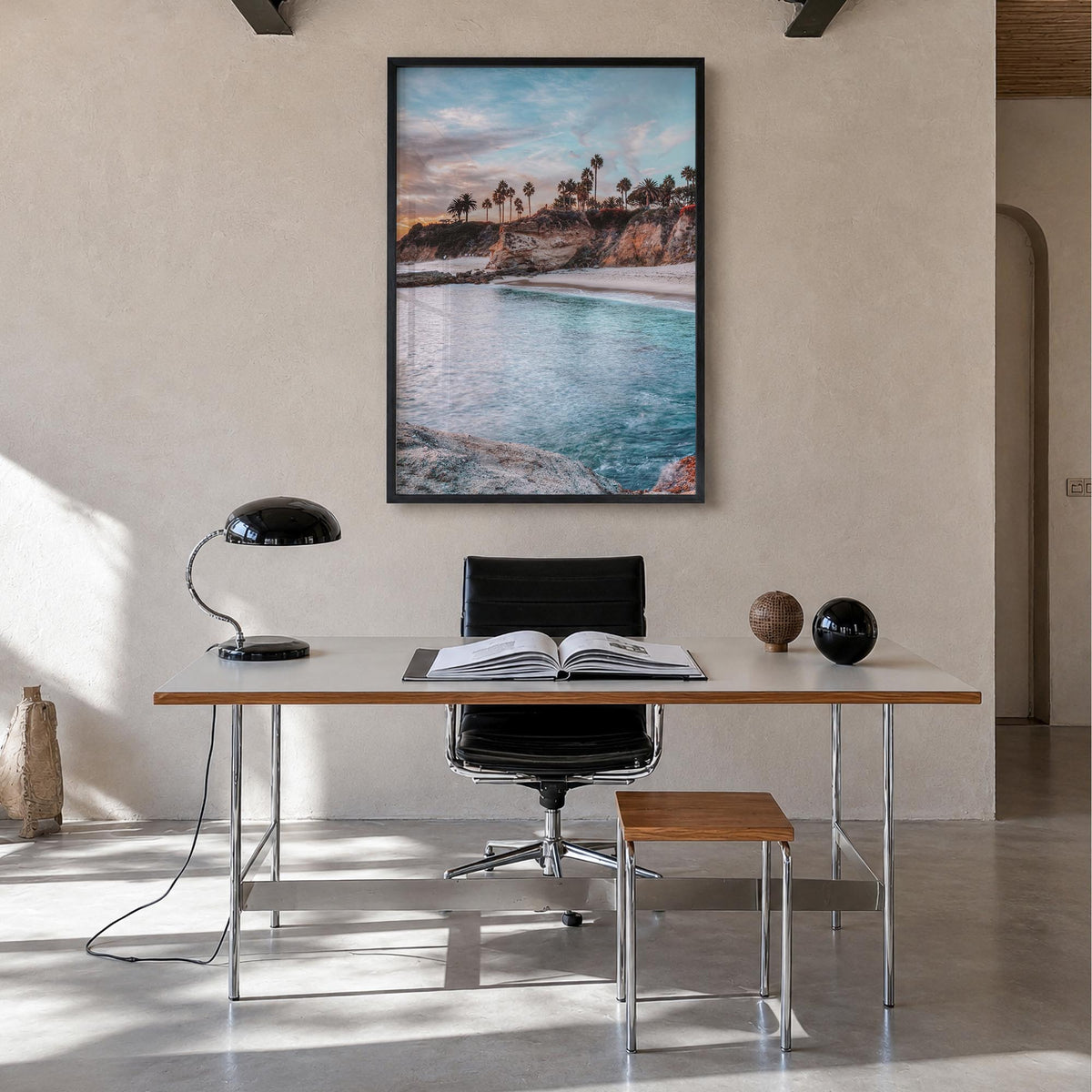 Laguna Beach no. 4 colorful photo poster of California, USA – vertical wall art in black wood frame, hanging on wall