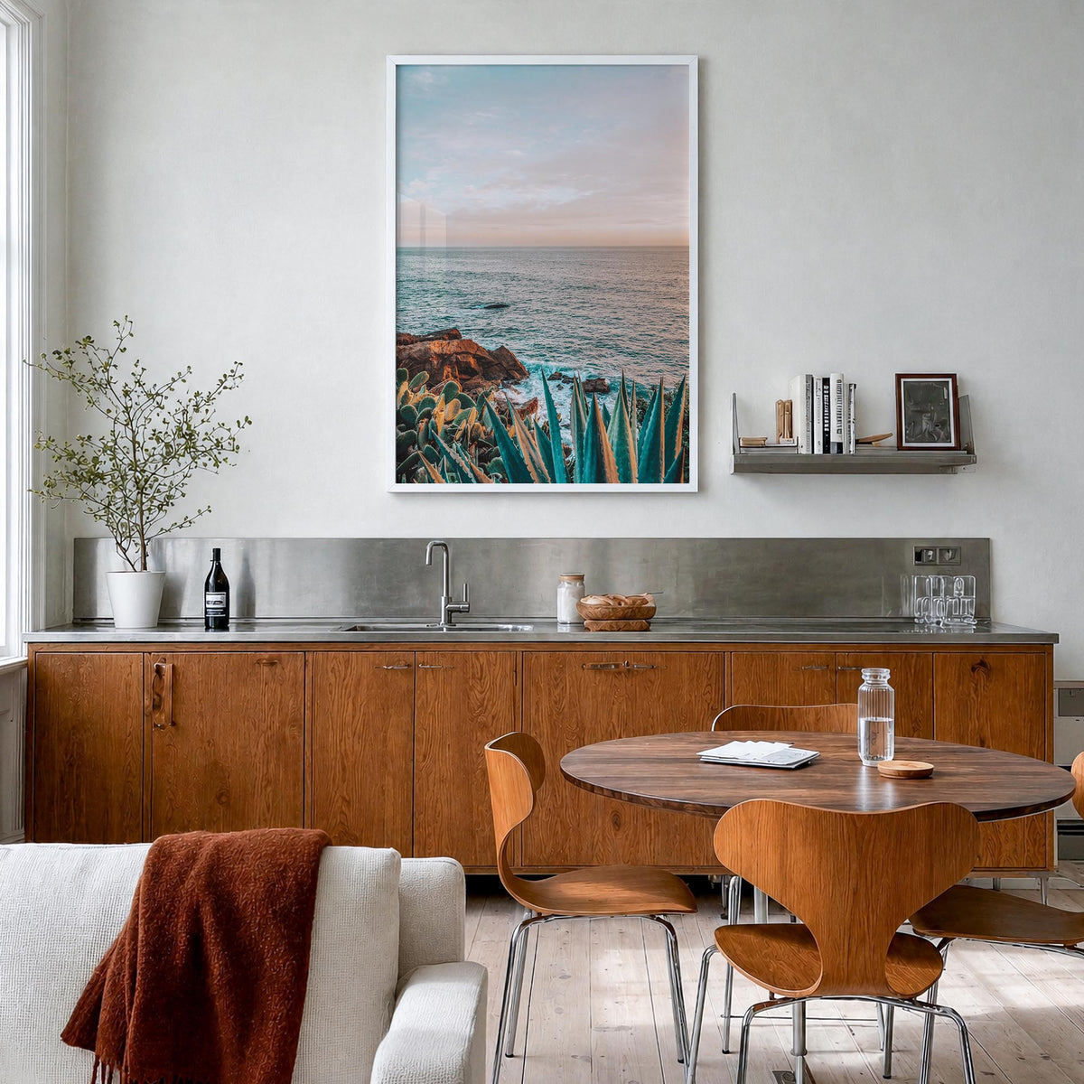 Laguna Beach no. 7 colorful photo poster of California, USA – vertical wall art in white wood frame, hanging on wall