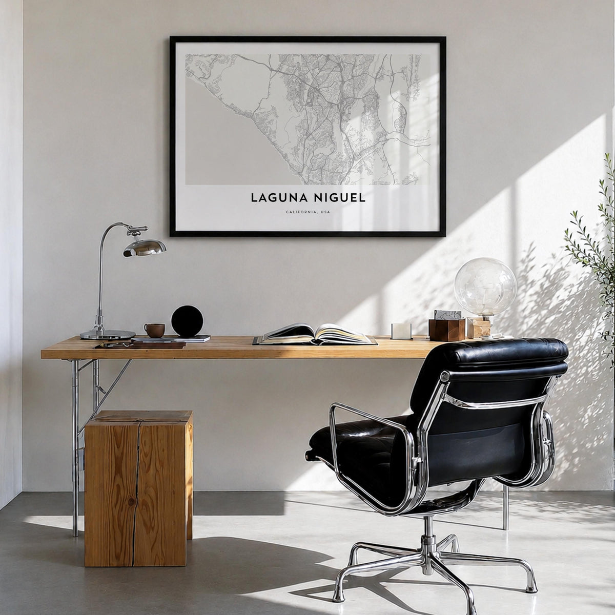 Laguna Niguel black & white map poster of California, USA – horizontal wall art in black wood frame, hanging on wall