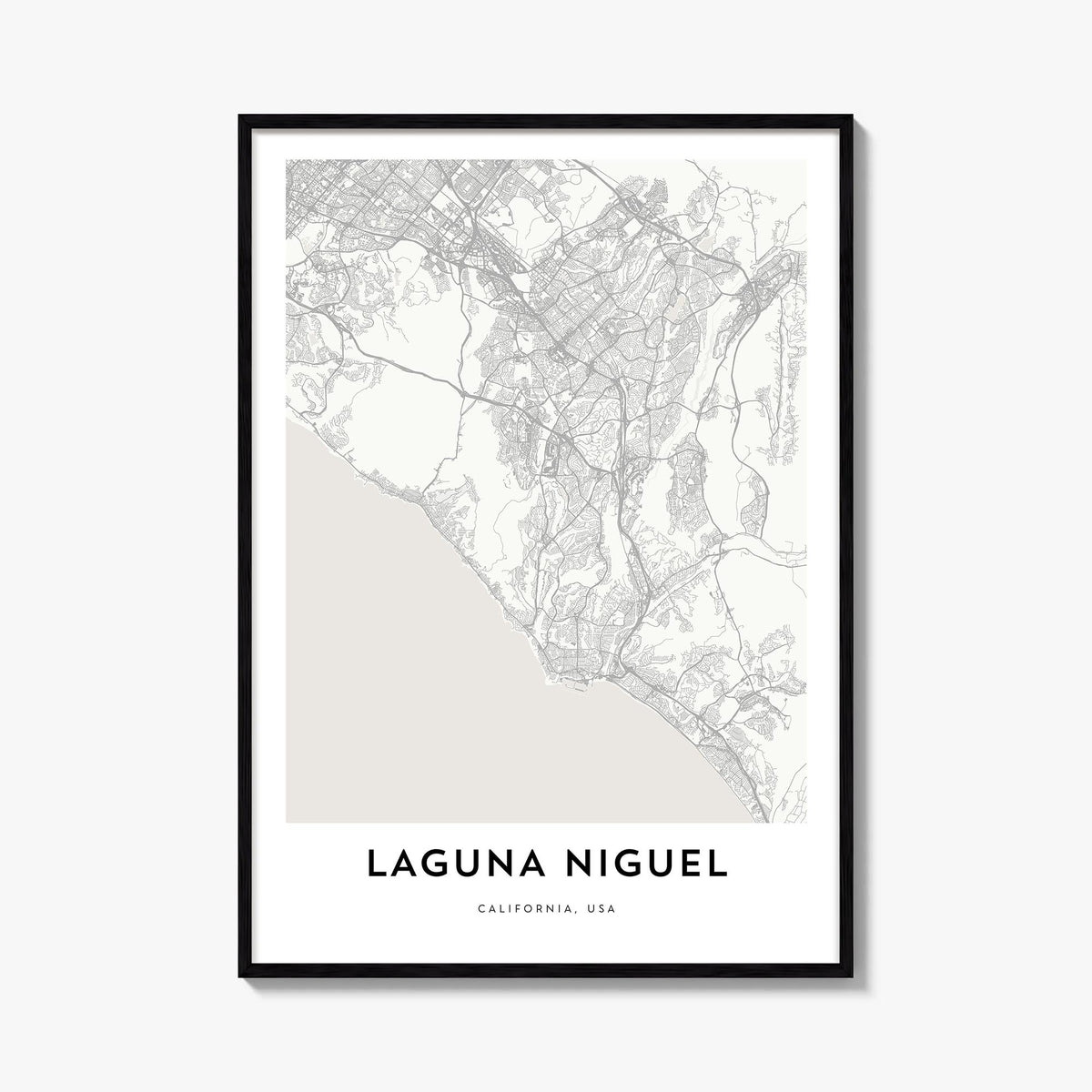 Laguna Niguel black & white map poster of California, USA – vertical wall art, unframed print shown in interior mockup