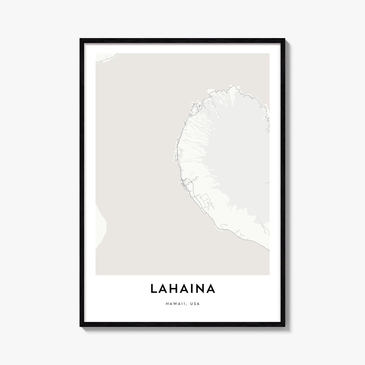 Lahaina black & white map poster of Hawaii, USA – vertical wall art, unframed print shown in interior mockup
