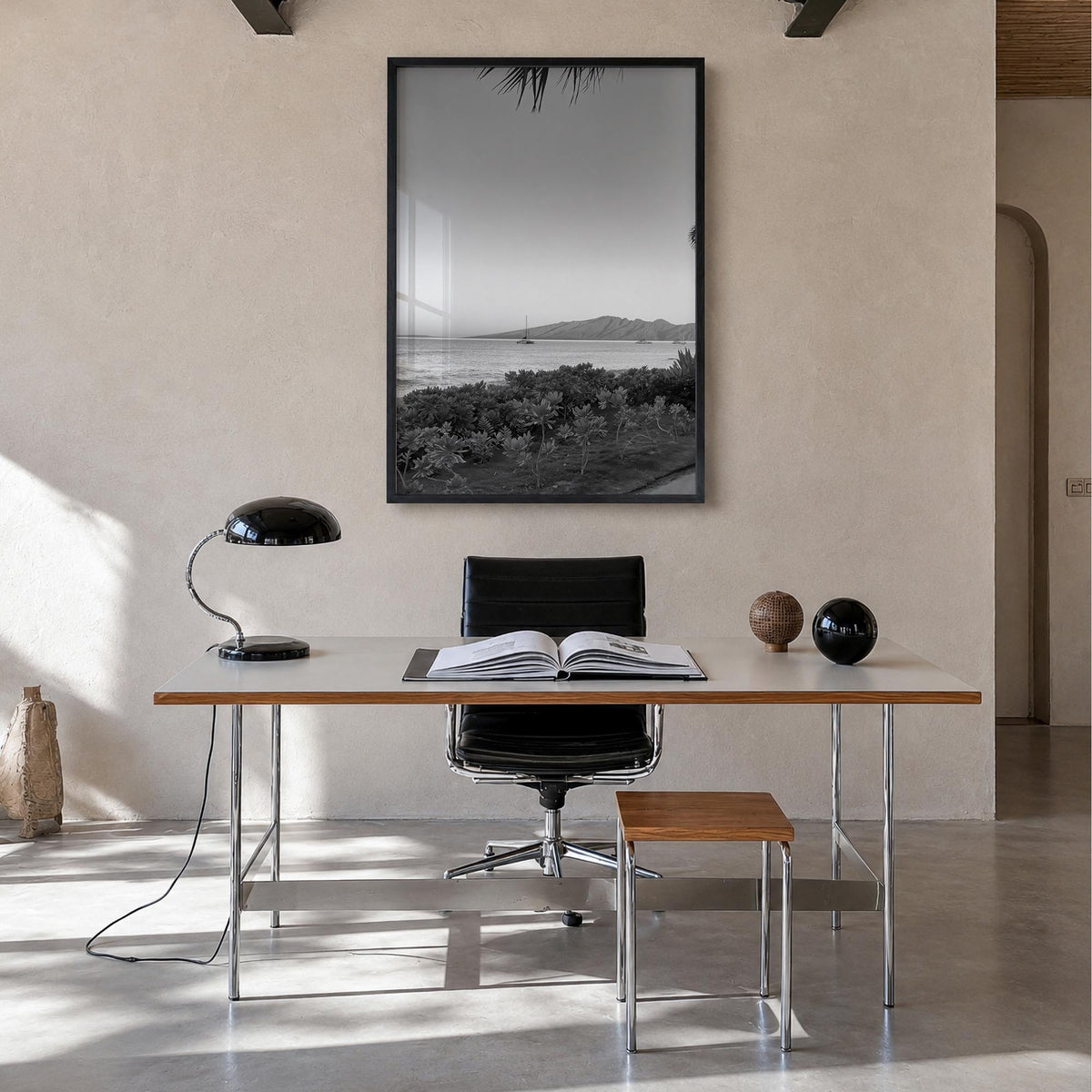 Lahaina black & white photo poster of Hawaii, USA – vertical wall art in black wood frame, hanging on wall