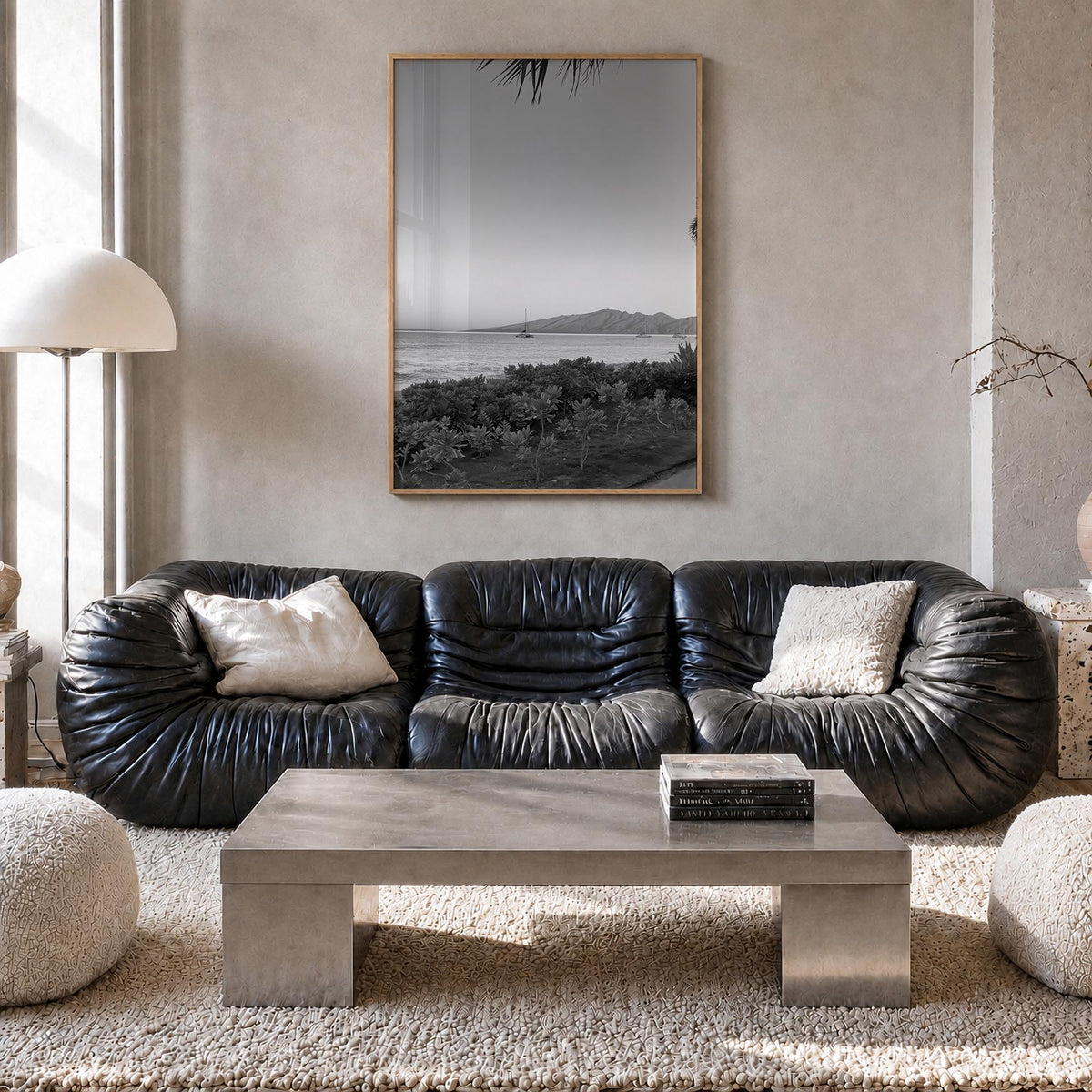 Lahaina black & white photo poster of Hawaii, USA – vertical wall art in natural wood frame, hanging on wall