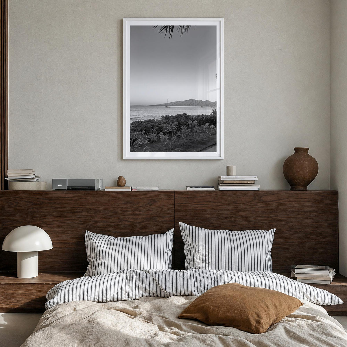 Lahaina black & white photo poster of Hawaii, USA – vertical wall art in white wood frame with white border, hanging on wall