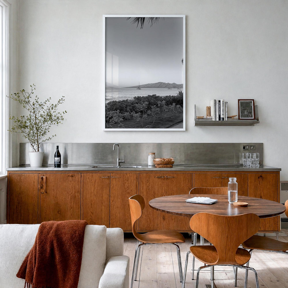 Lahaina black & white photo poster of Hawaii, USA – vertical wall art in white wood frame, hanging on wall