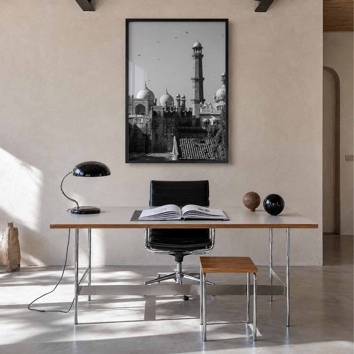 Lahore black & white photo poster of Pakistan – vertical wall art in black wood frame, hanging on wall