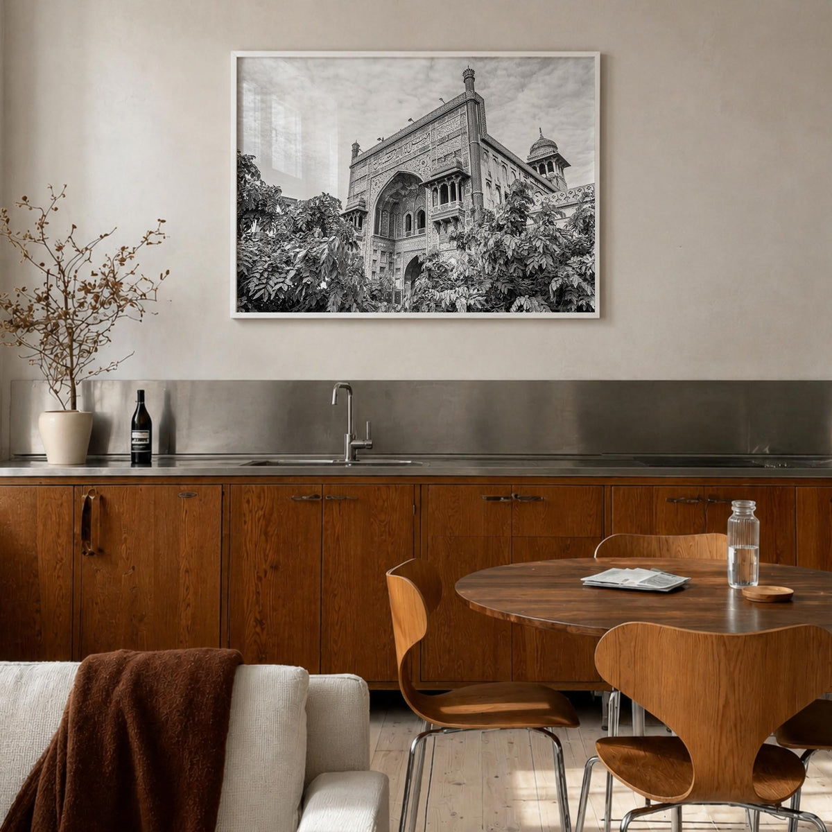 Lahore black & white photo poster of Pakistan – horizontal wall art in white wood frame, hanging on wall