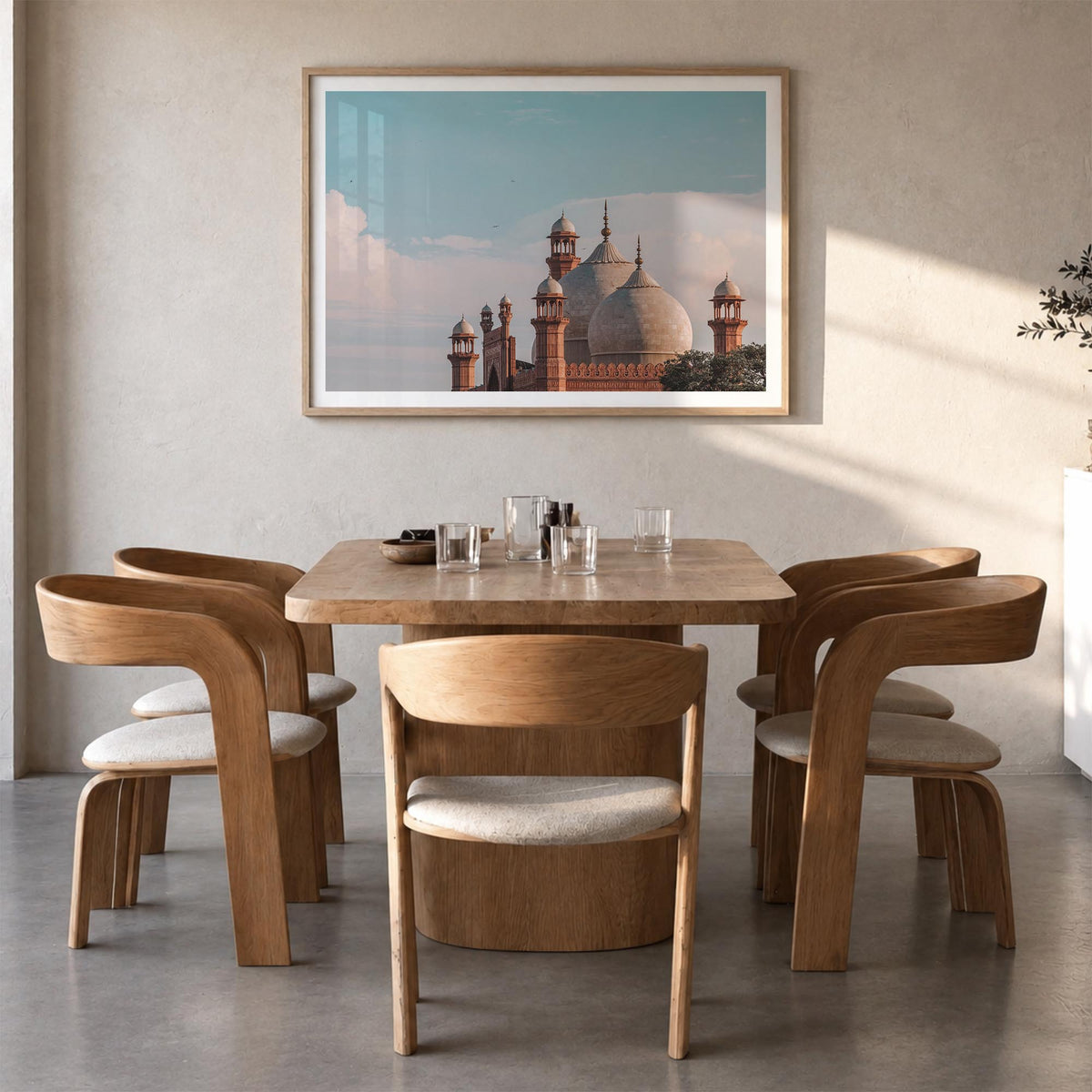 Lahore colorful photo poster of Pakistan – horizontal wall art in natural wood frame with white border, hanging on wall