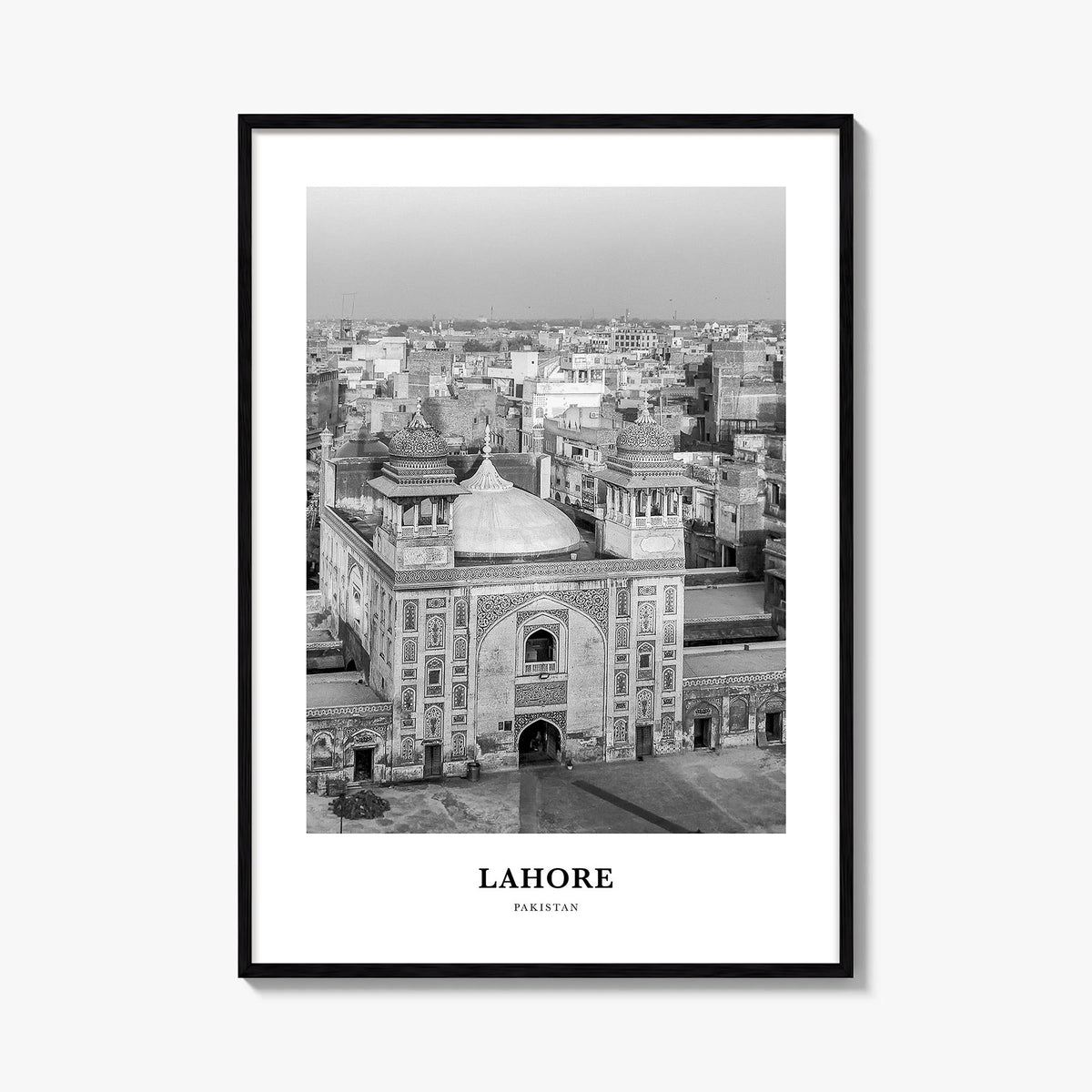 Lahore no. 2 black & white classic poster of Pakistan – vertical wall art, unframed print shown in interior mockup