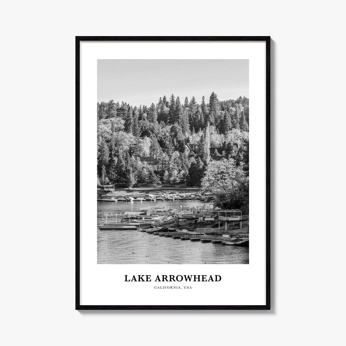 Lake Arrowhead black & white classic poster of California, USA – vertical wall art, unframed print shown in interior mockup