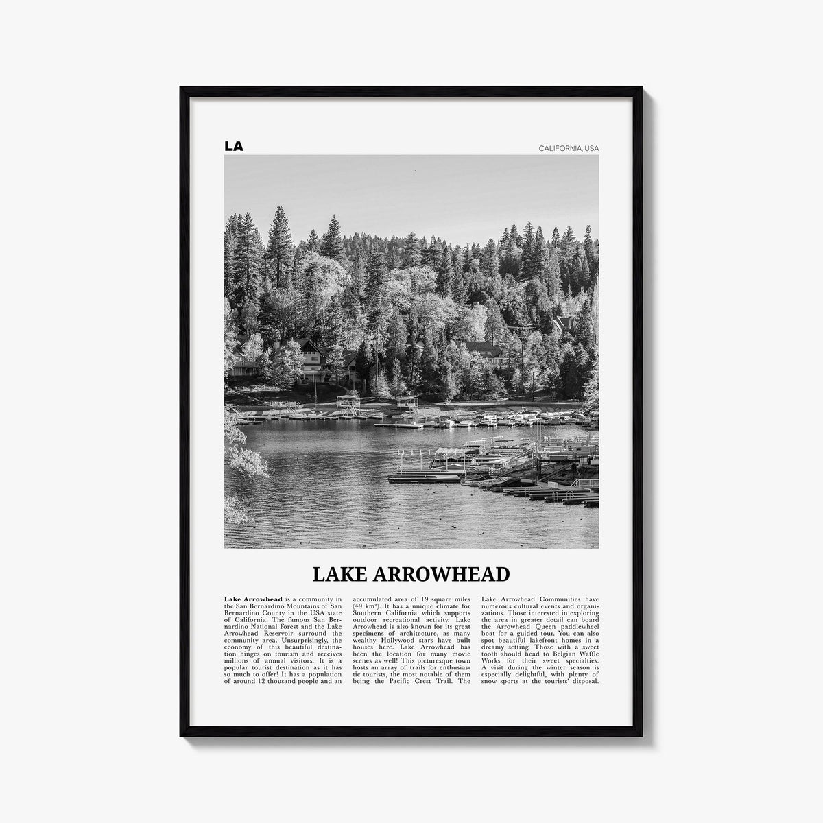Lake Arrowhead black & white newspaper poster of California, USA – vertical wall art, unframed print shown in interior mockup