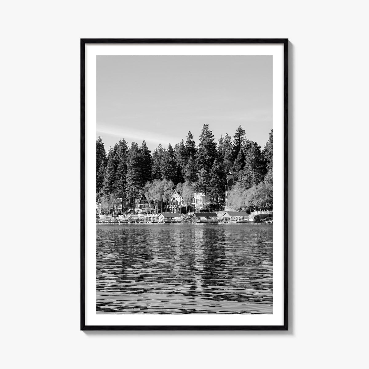 Lake Arrowhead black & white photo poster of California, USA – vertical wall art, unframed print shown in interior mockup