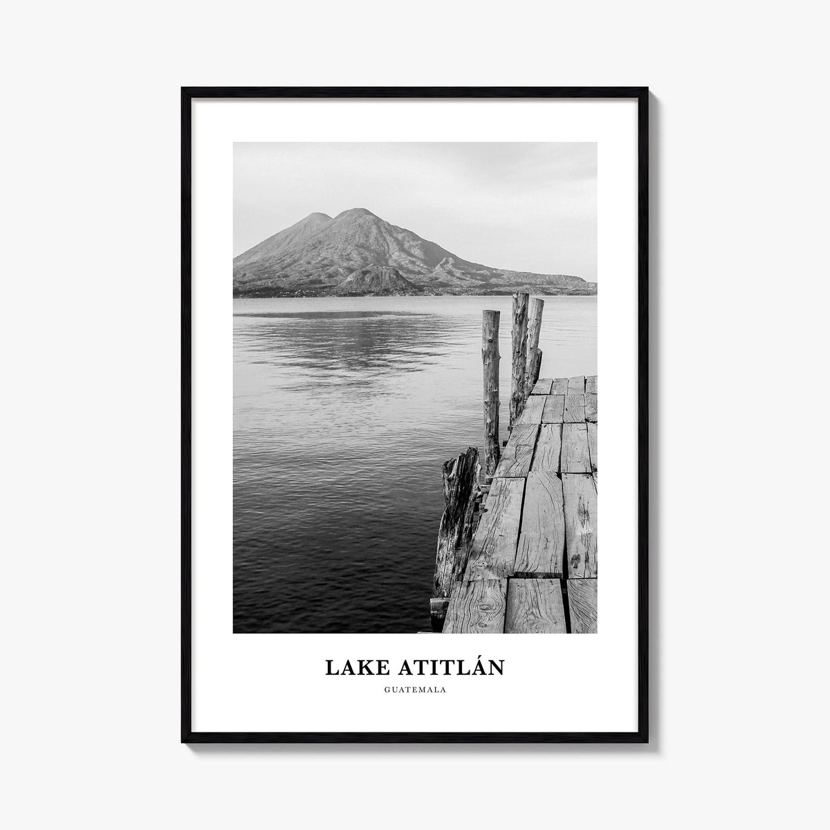 Lake Atitlán black & white classic poster of Guatemala – vertical wall art, unframed print shown in interior mockup