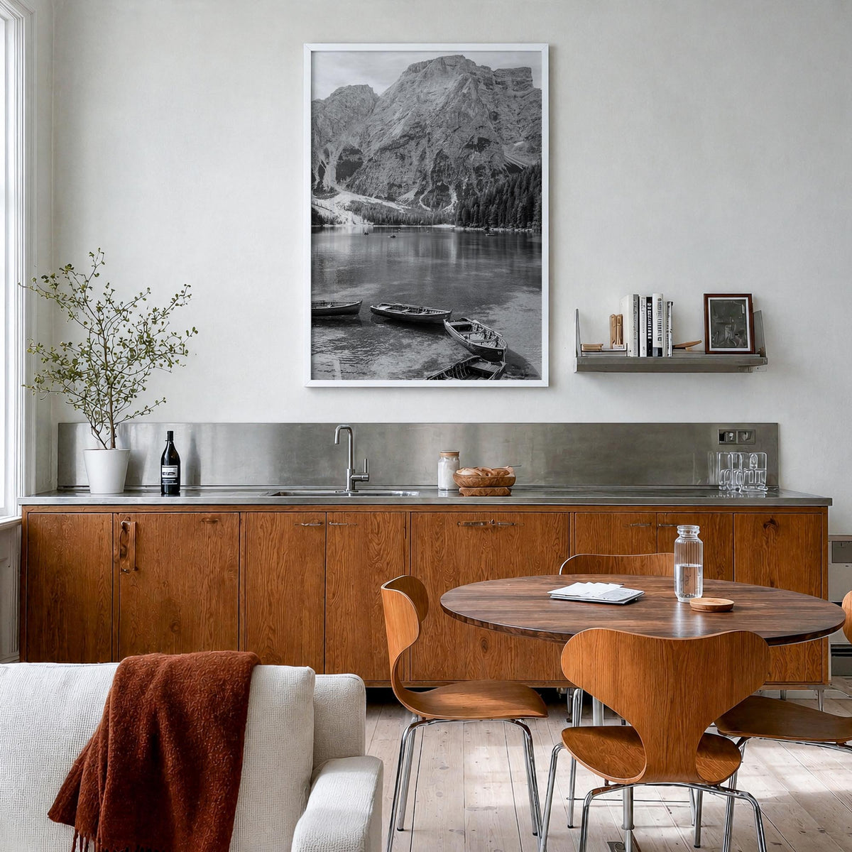 Lake Braies black & white photo poster of Italy – vertical wall art in white wood frame, hanging on wall