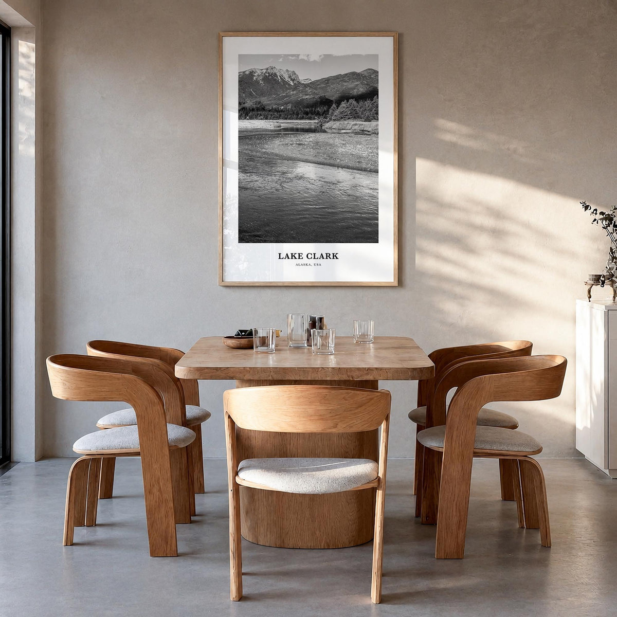 Lake Clark National Park black & white classic poster of Alaska, USA – vertical wall art in natural wood frame, hanging on wa