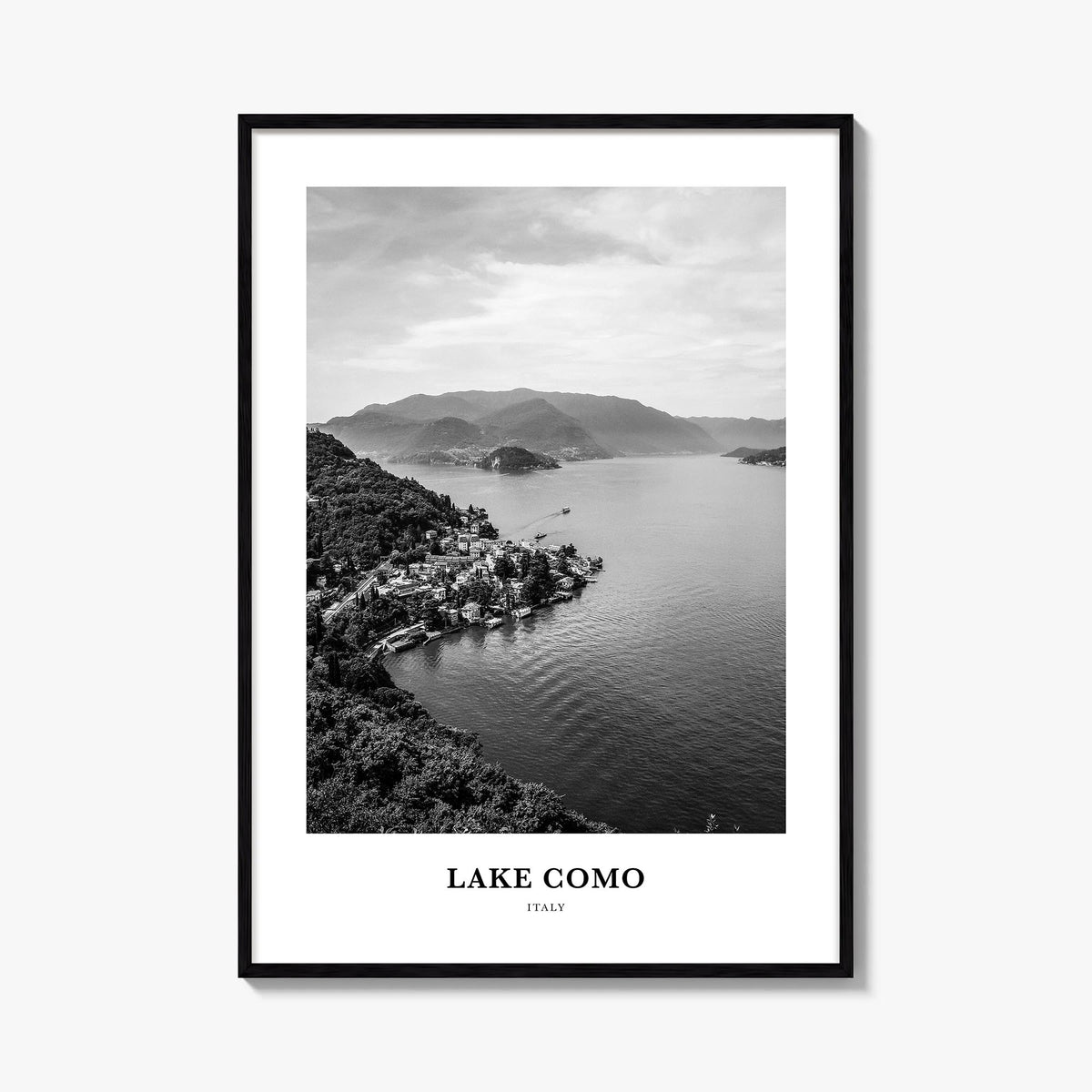 Lake Como black & white classic poster of Italy – vertical wall art, unframed print shown in interior mockup