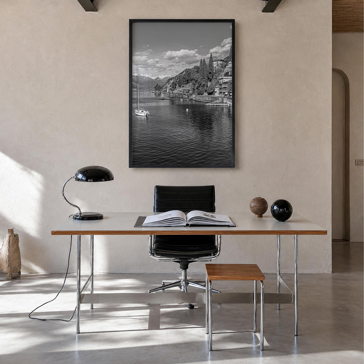 Lake Como no. 2 black & white photo poster of Italy – vertical wall art in black wood frame, hanging on wall
