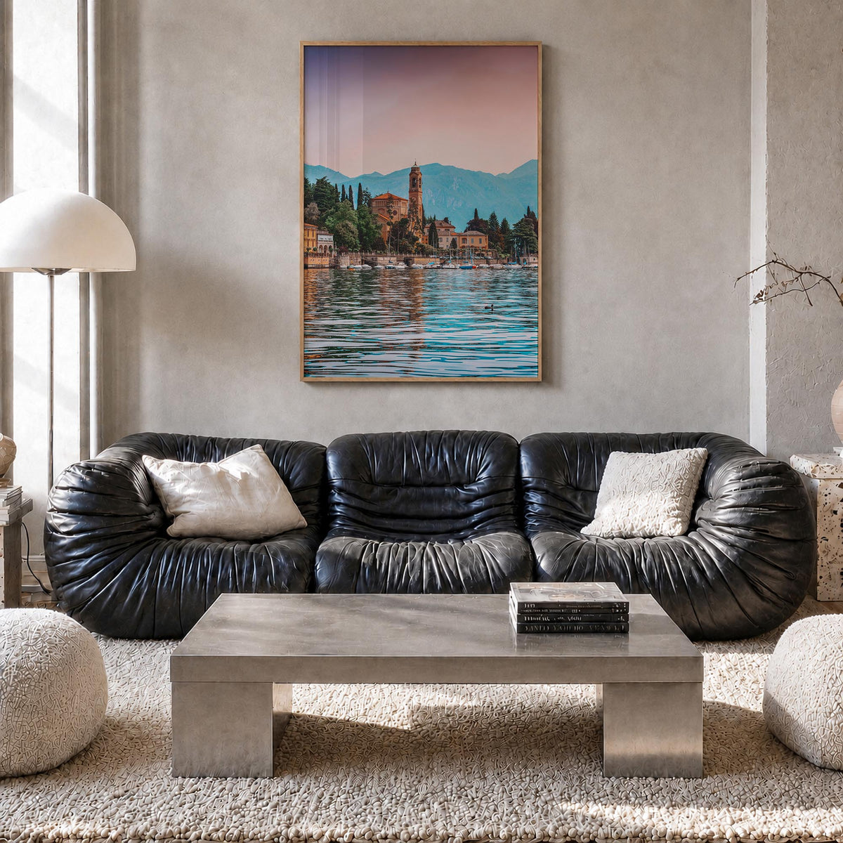 Lake Como no. 2 colorful photo poster of Italy – vertical wall art in natural wood frame, hanging on wall