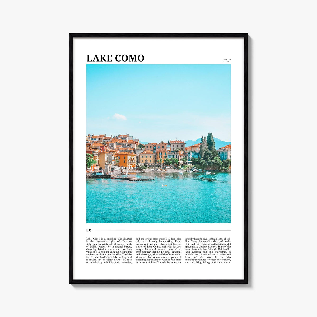 Lake Como no. 1 colorful travel poster of Italy – vertical wall art, unframed print shown in interior mockup