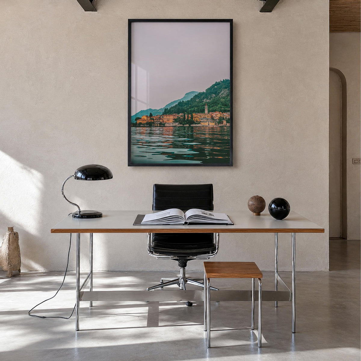 Lake Como no. 3 colorful photo poster of Italy – vertical wall art in black wood frame, hanging on wall