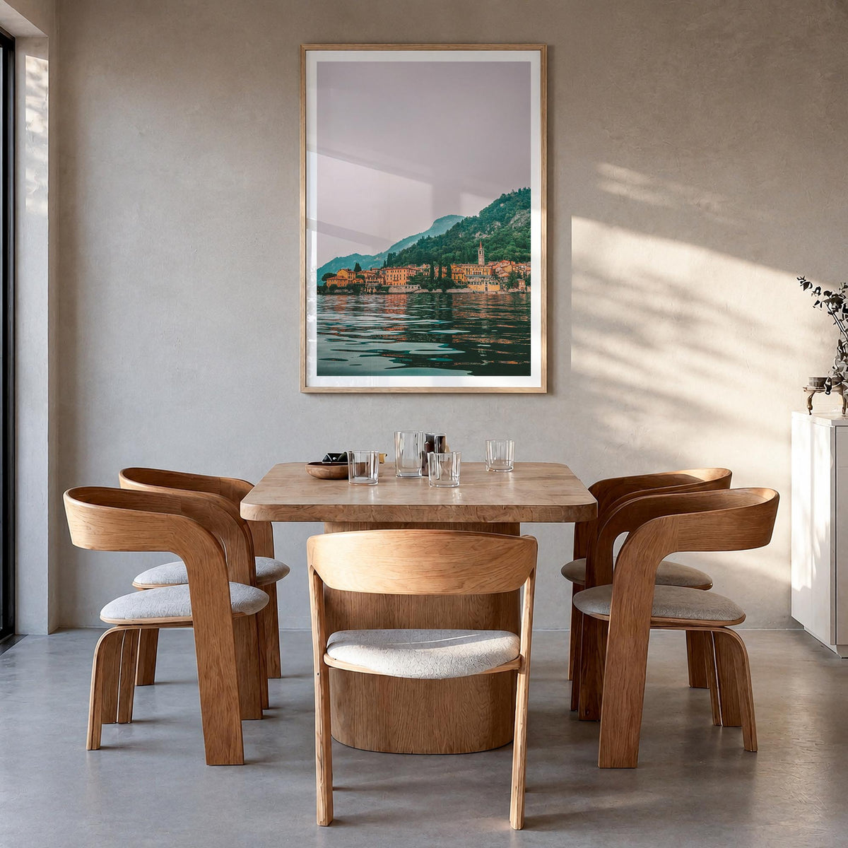 Lake Como no. 3 colorful photo poster of Italy – vertical wall art in natural wood frame with white border, hanging on wall