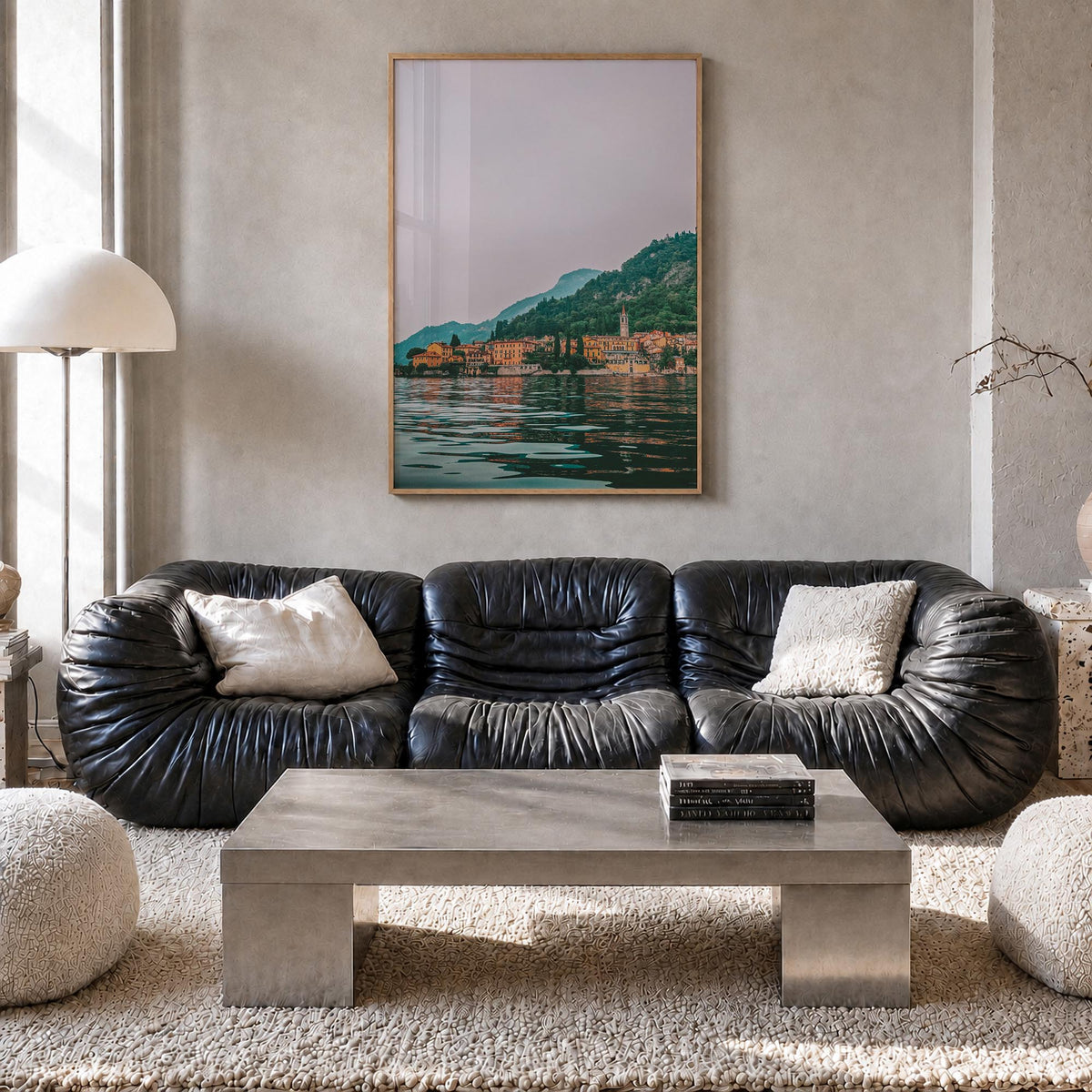 Lake Como no. 3 colorful photo poster of Italy – vertical wall art in natural wood frame, hanging on wall