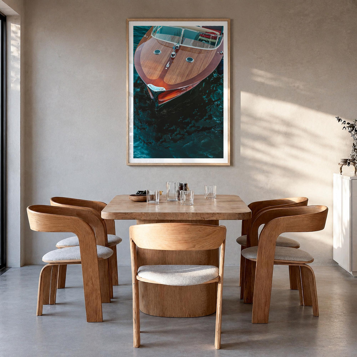 Lake Como no. 6 colorful photo poster – vertical wall art in natural wood frame with white border, hanging on wall
