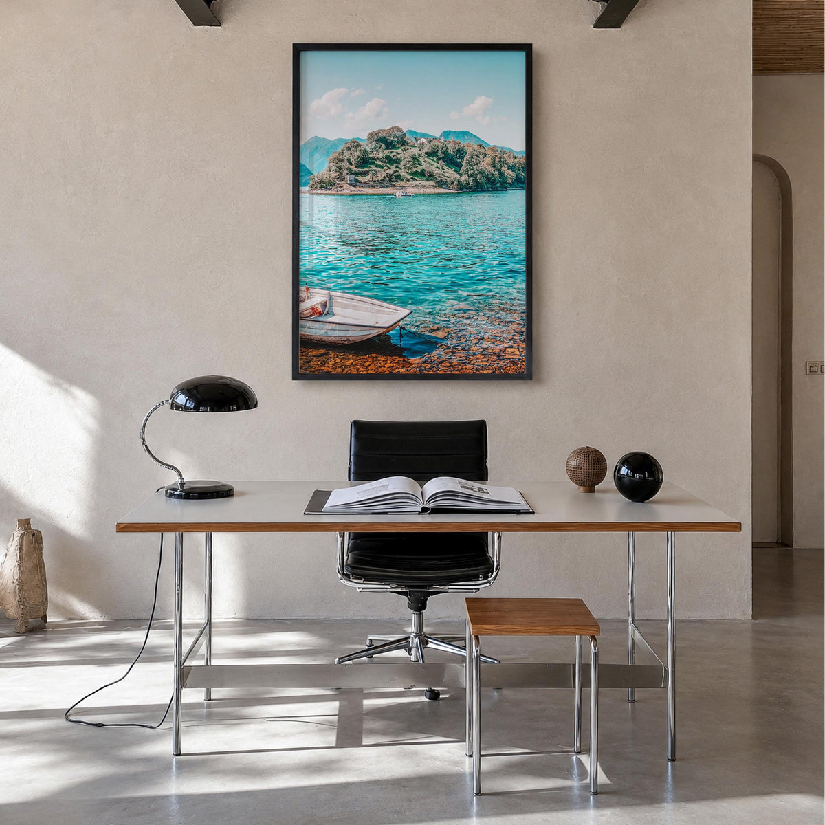 Lake Como no. 4 colorful photo poster of Italy – vertical wall art in black wood frame, hanging on wall