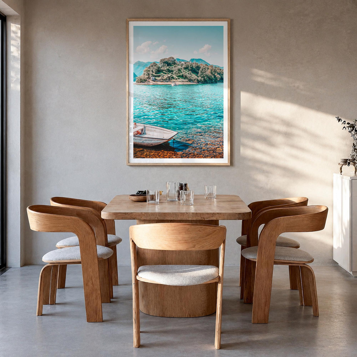 Lake Como no. 4 colorful photo poster of Italy – vertical wall art in natural wood frame with white border, hanging on wall