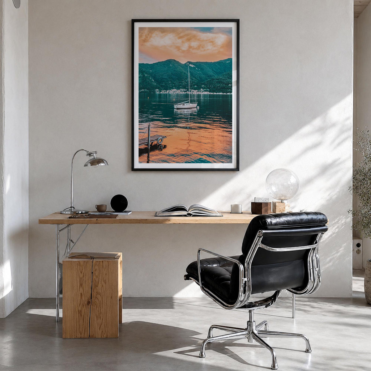Lake Como no. 5 colorful photo poster of Italy – vertical wall art in black wood frame with white border, hanging on wall