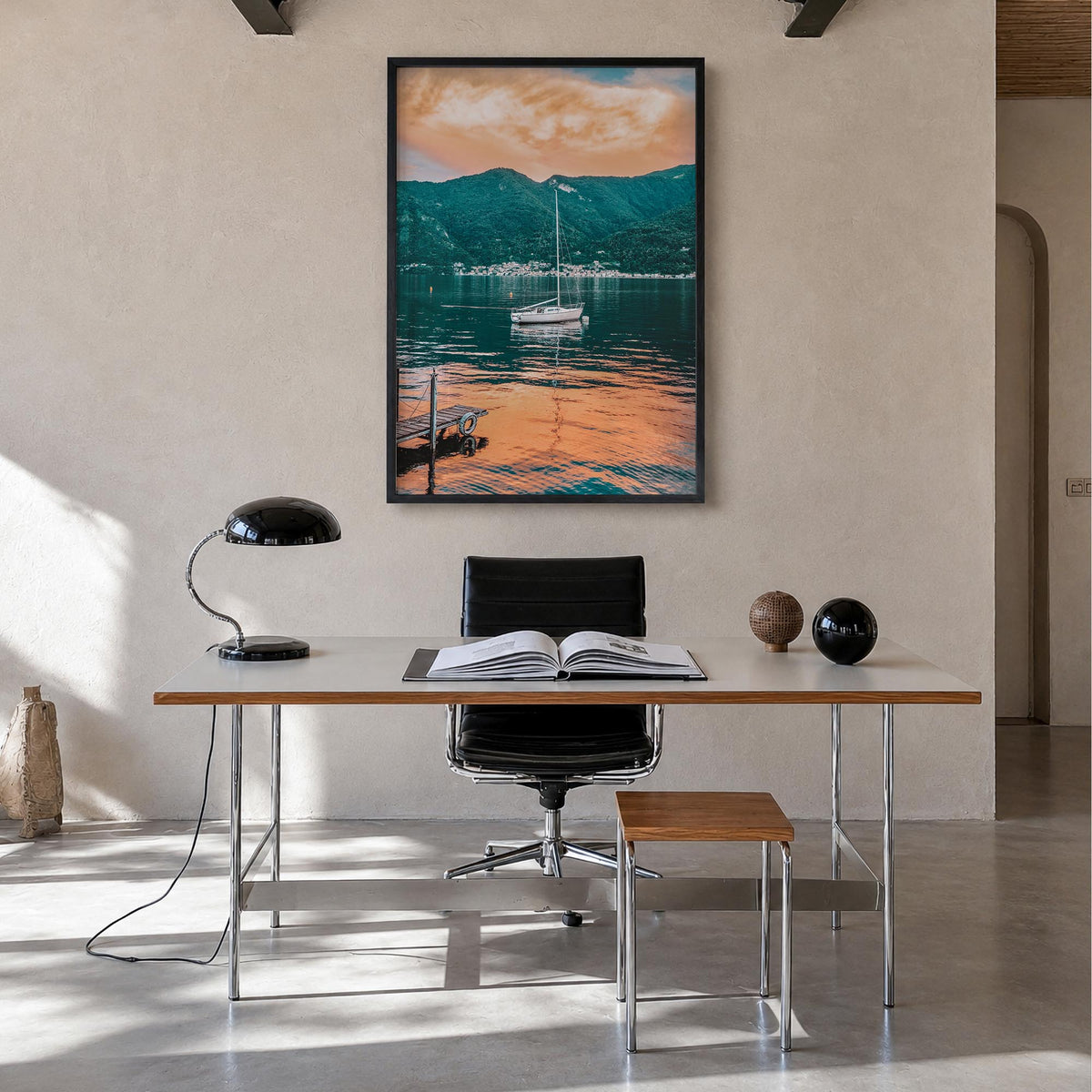 Lake Como no. 5 colorful photo poster of Italy – vertical wall art in black wood frame, hanging on wall