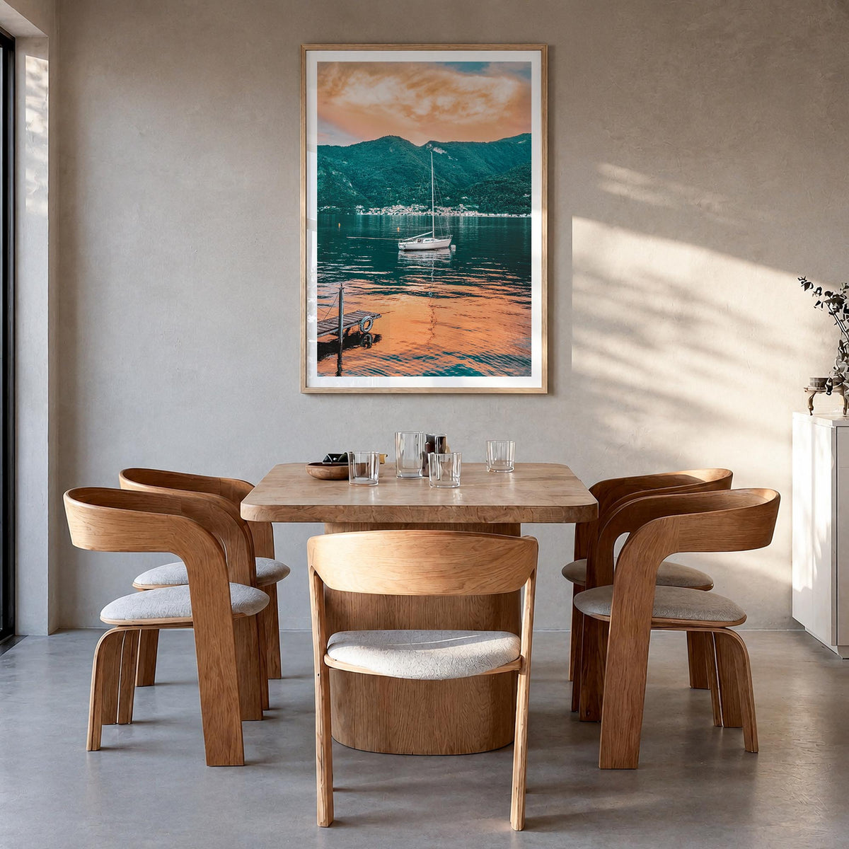 Lake Como no. 5 colorful photo poster of Italy – vertical wall art in natural wood frame with white border, hanging on wall