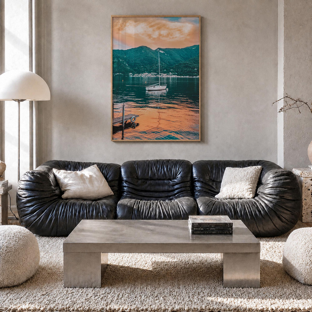Lake Como no. 5 colorful photo poster of Italy – vertical wall art in natural wood frame, hanging on wall
