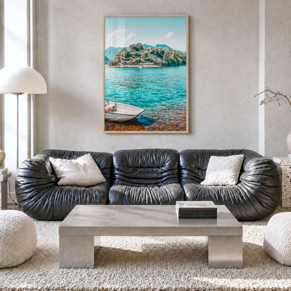 Lake Como Photo No 3 Poster in a natural wood frame, hanging in a living room, full image (no border)