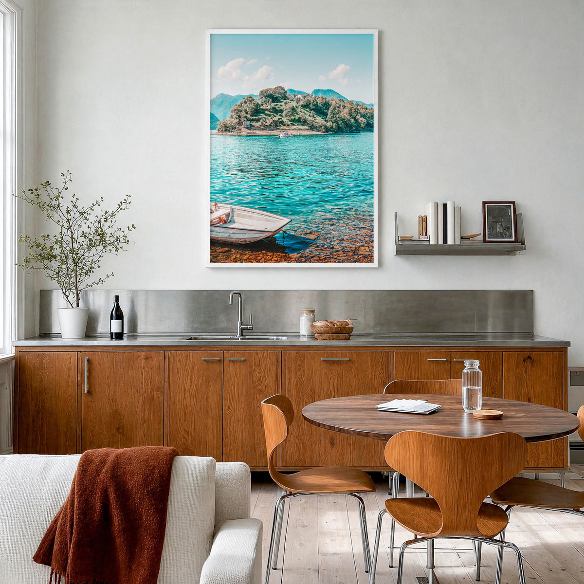 Lake Como Photo No 3 Poster in a white wood frame, hanging in a kitchen with a dining area, full image (no border)