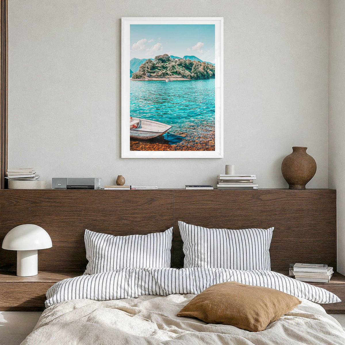 Lake Como Photo No 3 Poster in a white wood frame, hanging in a bedroom, white border