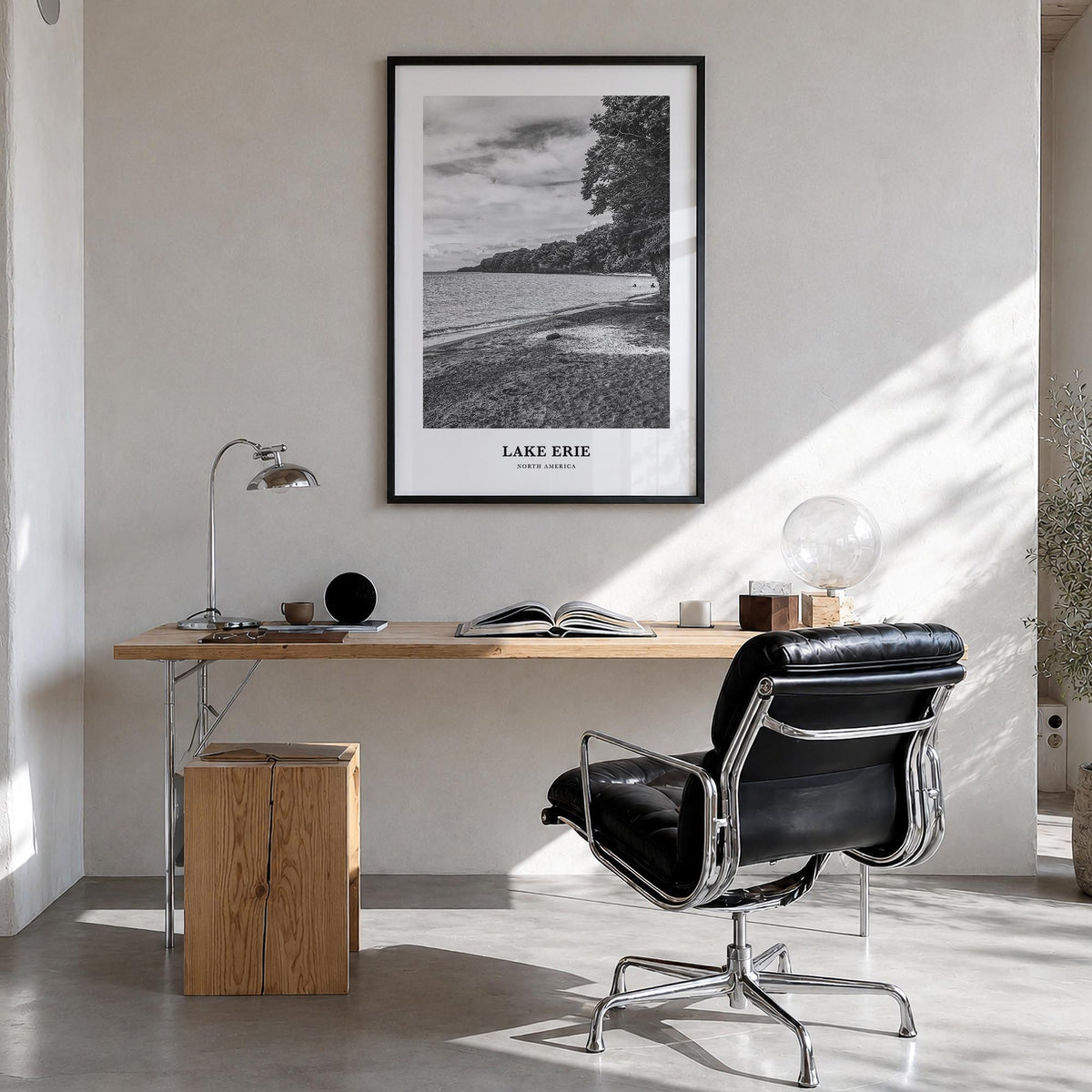 Lake Erie black & white classic poster of United States & Canada – vertical wall art in black wood frame, hanging on wall