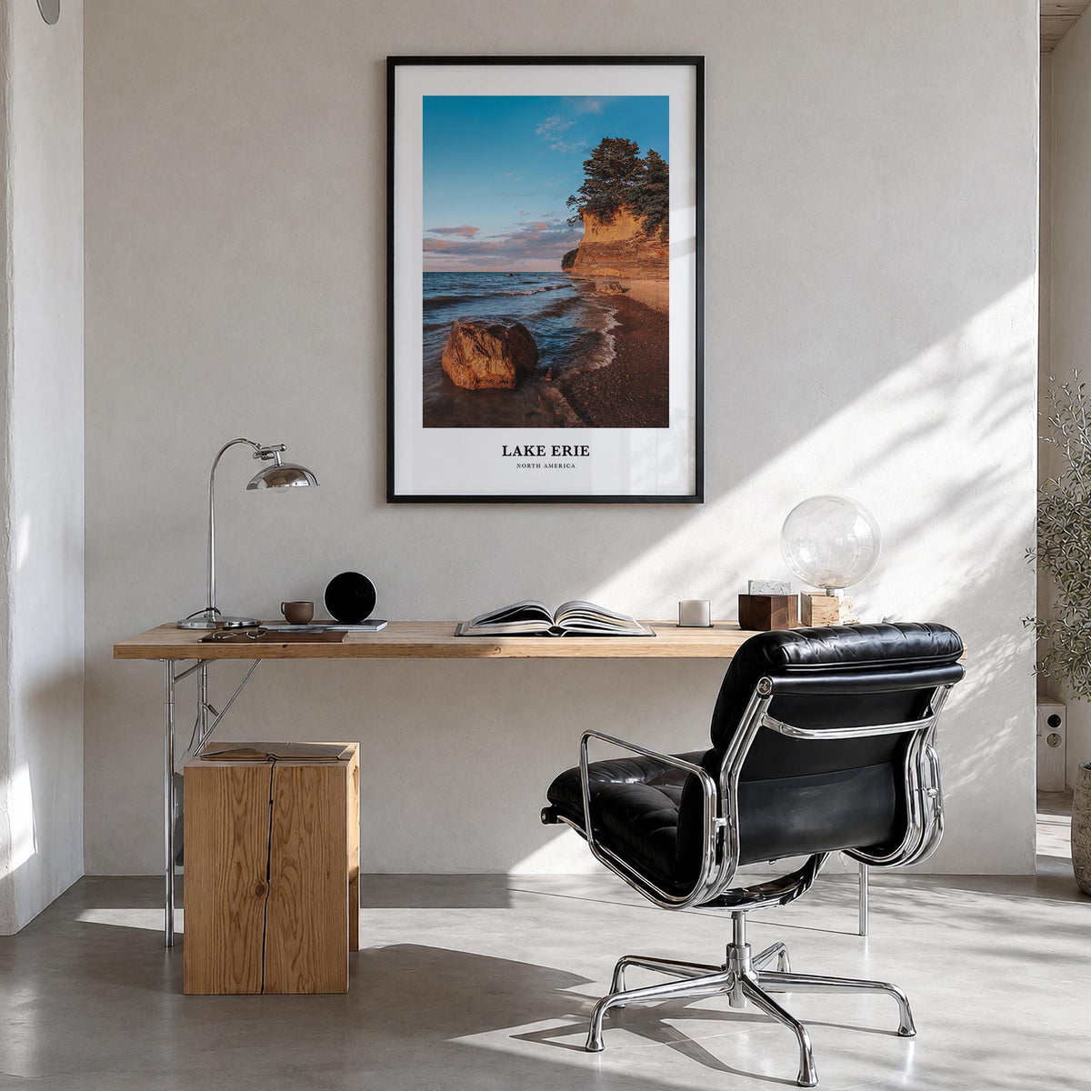 Lake Erie colorful classic poster of United States & Canada – vertical wall art in black wood frame, hanging on wall