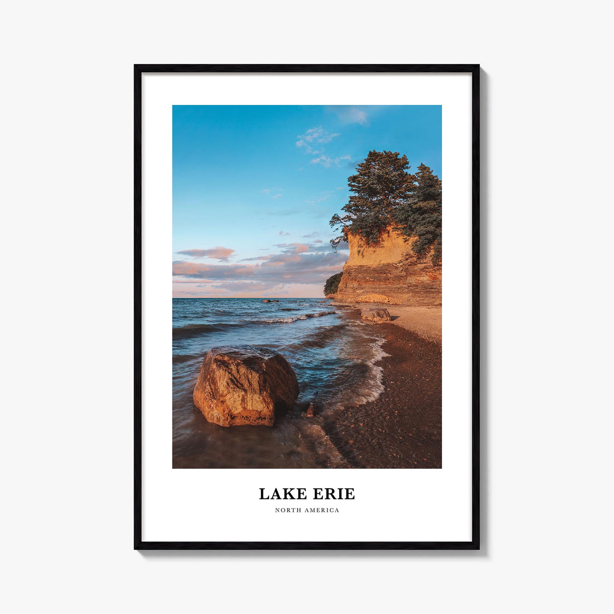 Lake Erie colorful classic poster of United States & Canada – vertical wall art, unframed print shown in interior mockup